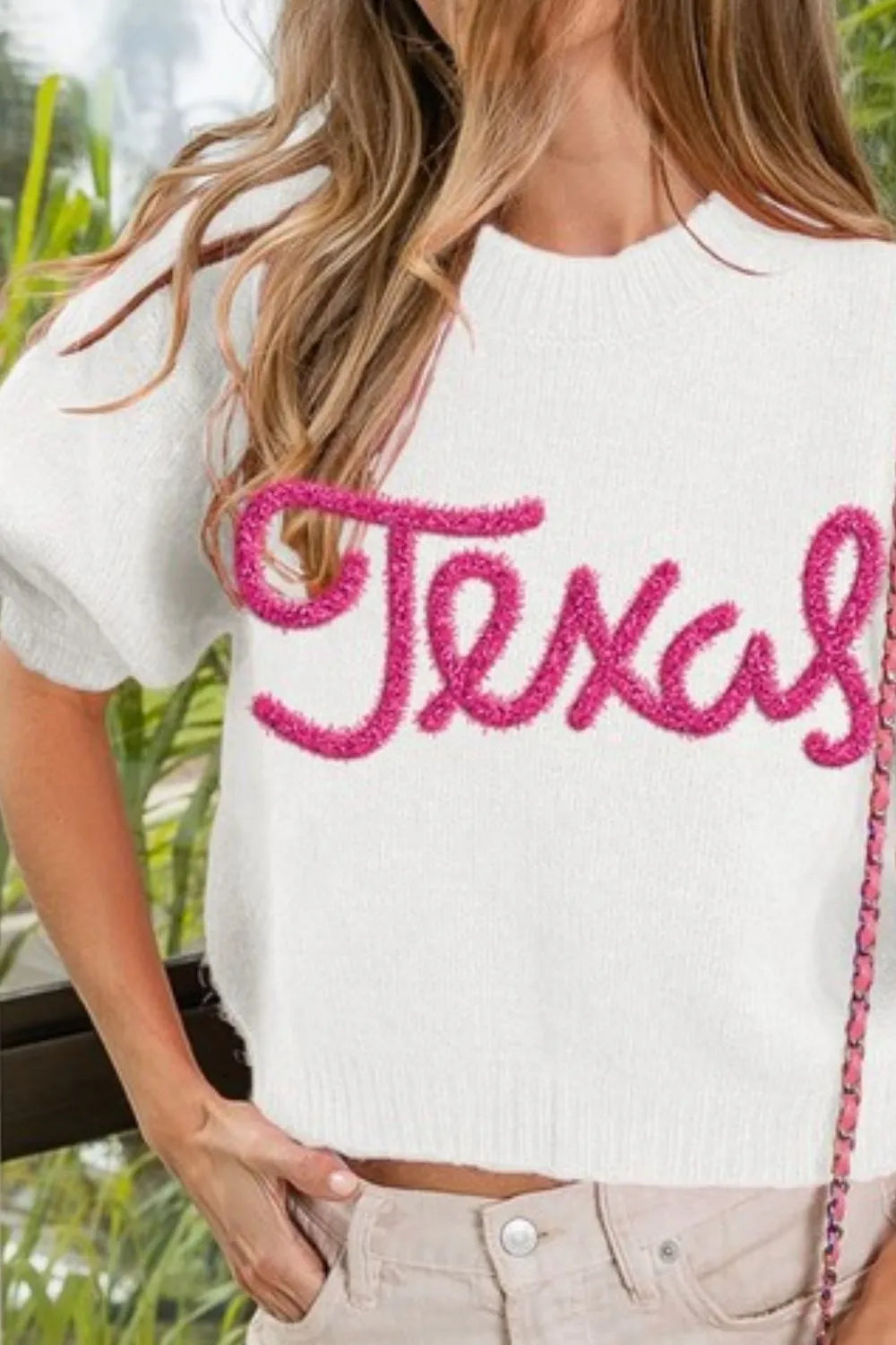 Metallic Letter Short Puff Sleeve Hairy Sweater