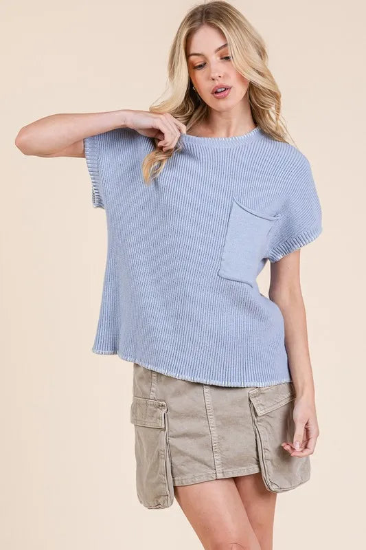 Solid Cap Sleeve Stitch Edge Knit Sweater