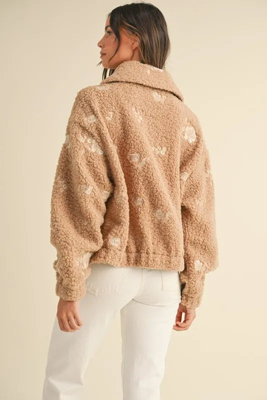 Floral Embroidered Fleece Teddy Jacket