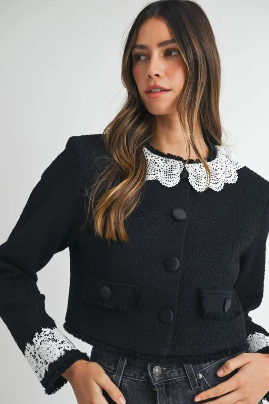 Lace Trim Collar Tweed Crop Jacket