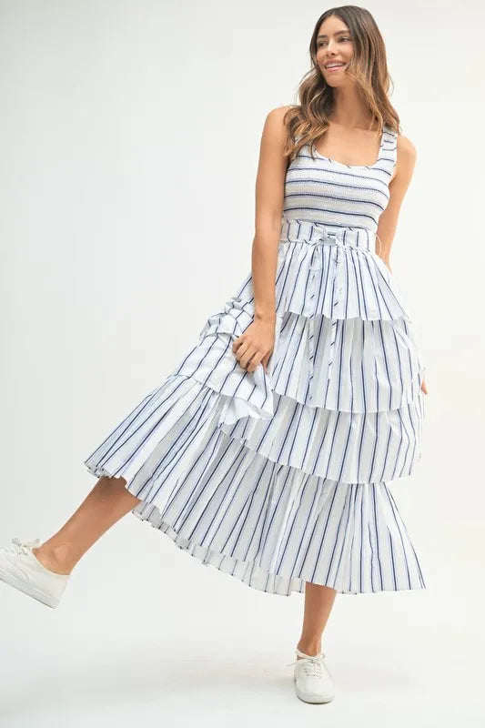 Pin Stripe Smocked Bodice Layered Midi Dress