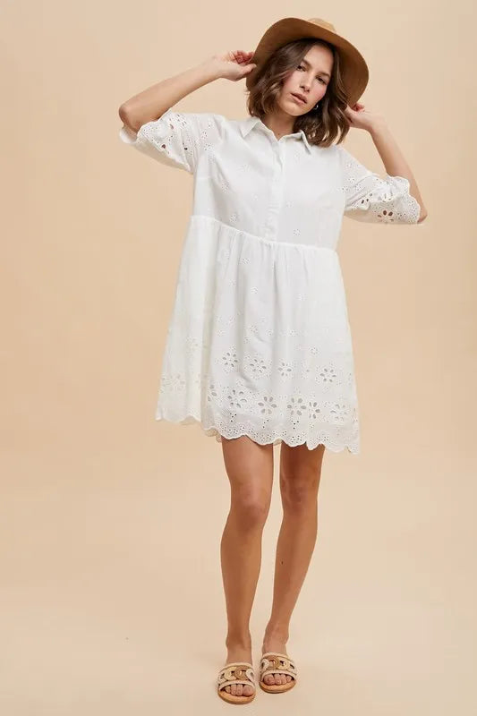 Embroidered Scallop Edge Detail Mini Shirt Dress