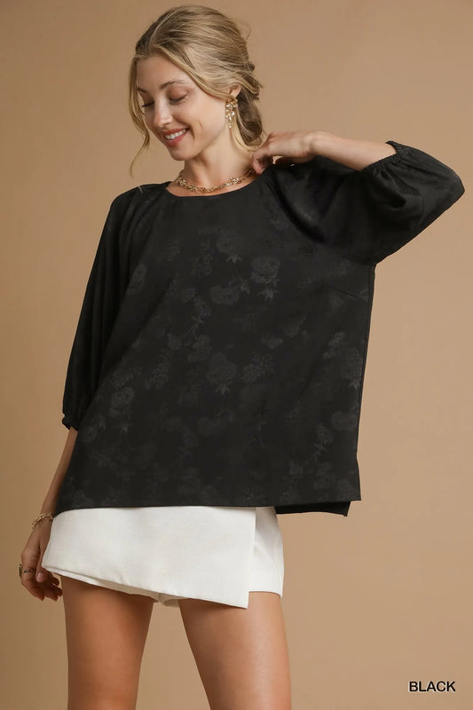 Jacquard Floral Blouse with Balloon Sleeves