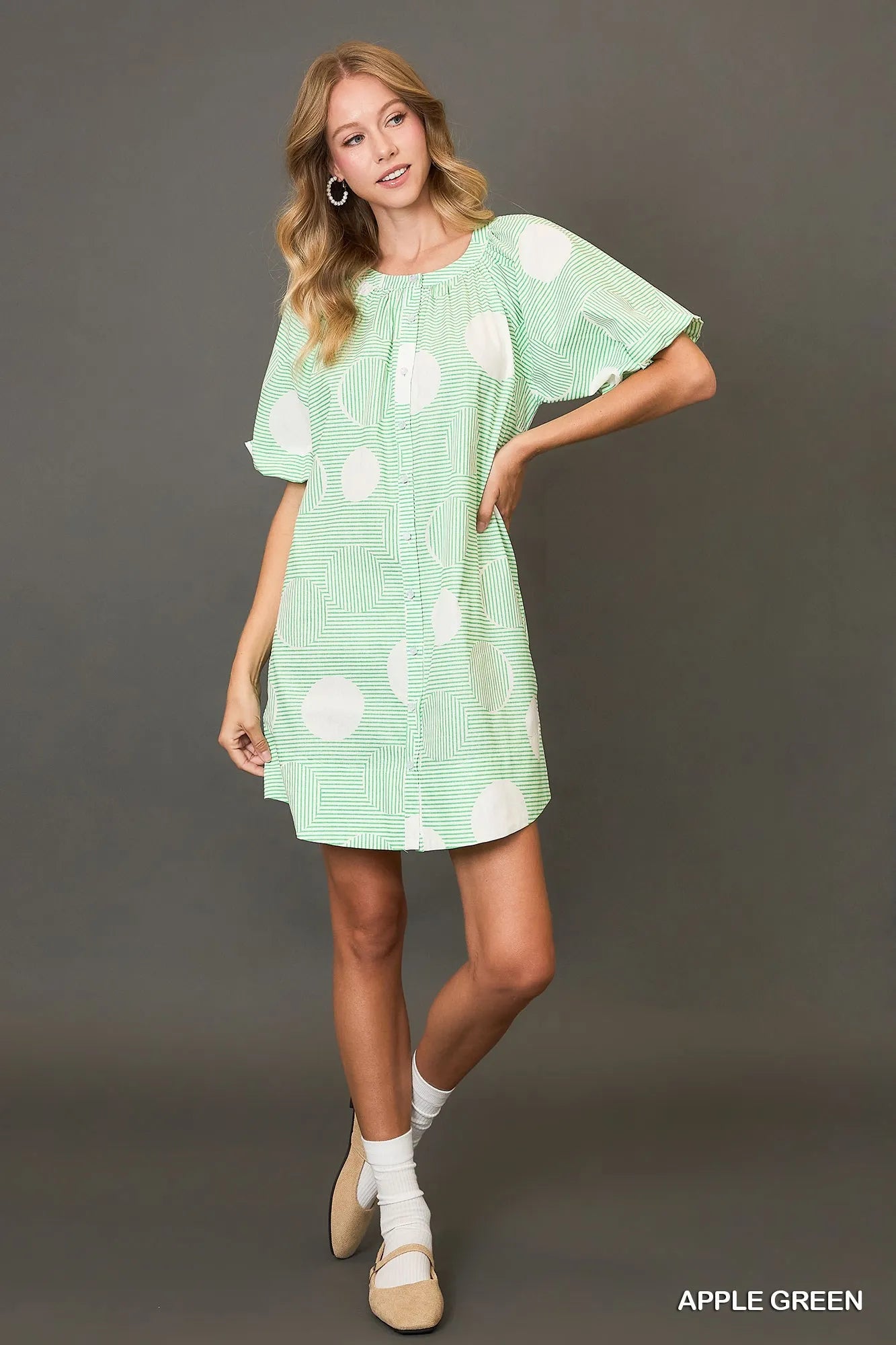 Playful Print Button-Down Puff Sleeve Mini Dress