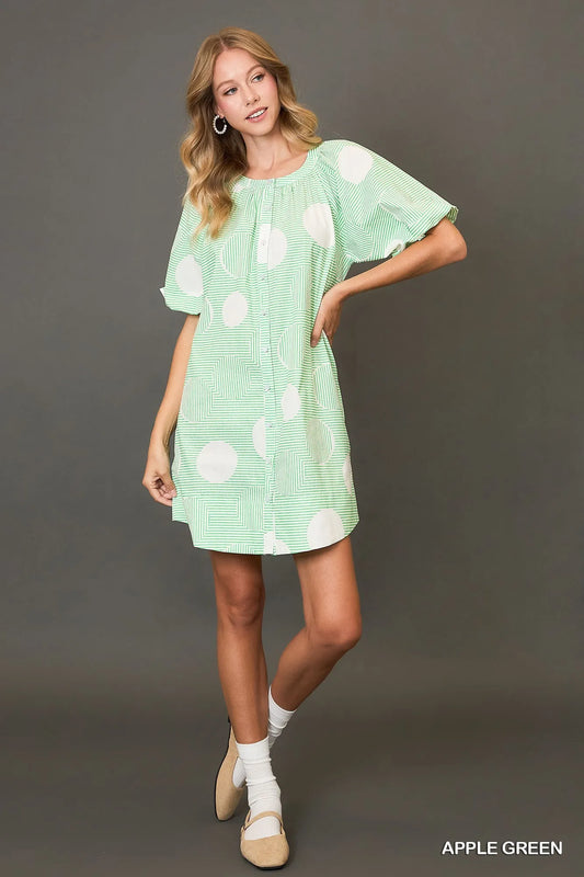 Playful Print Button-Down Puff Sleeve Mini Dress