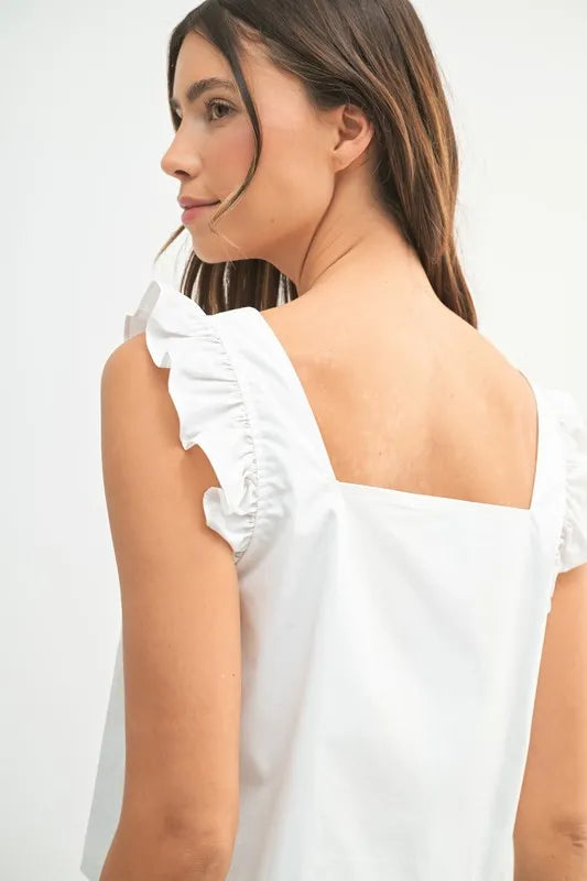 Poplin Ruffle Strap Front Self Tie Top