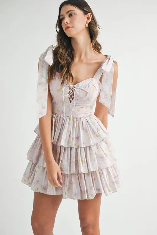 Floral Print Shoulder Tie Layered Mini Dress