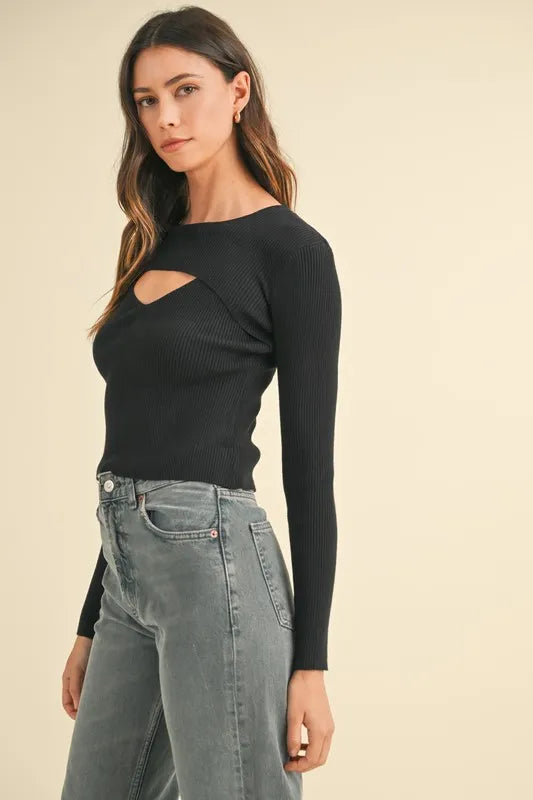 Cutout Long Sleeve Ribbed Knit Top