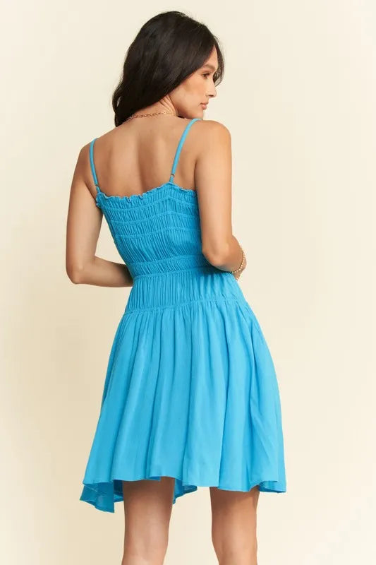 Smocking Bodice Sleeveless Button Down Mini Dress