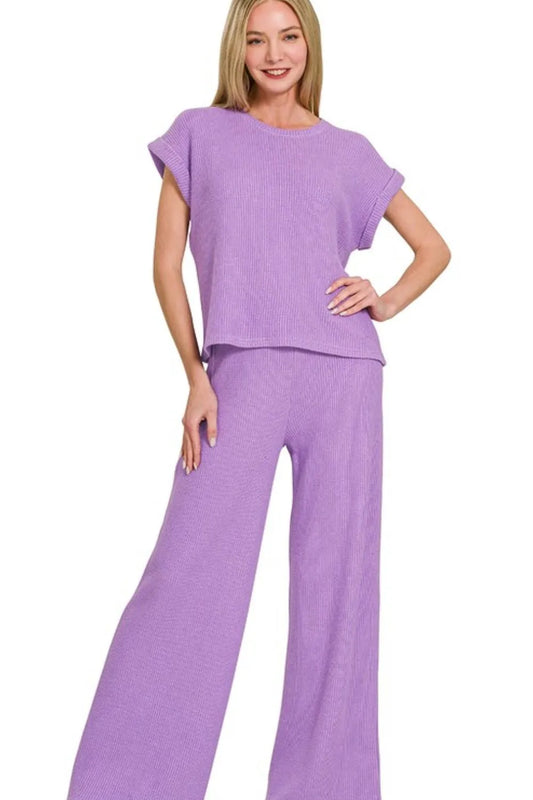 Rolled Sleeve Top and Pants Sweater Set
