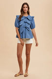 Stripe Front Bow Denim Peplum Blouse