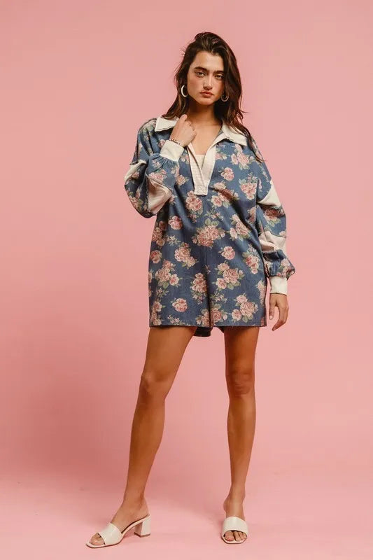Washed Floral Denim Romper With Contrast Collar
