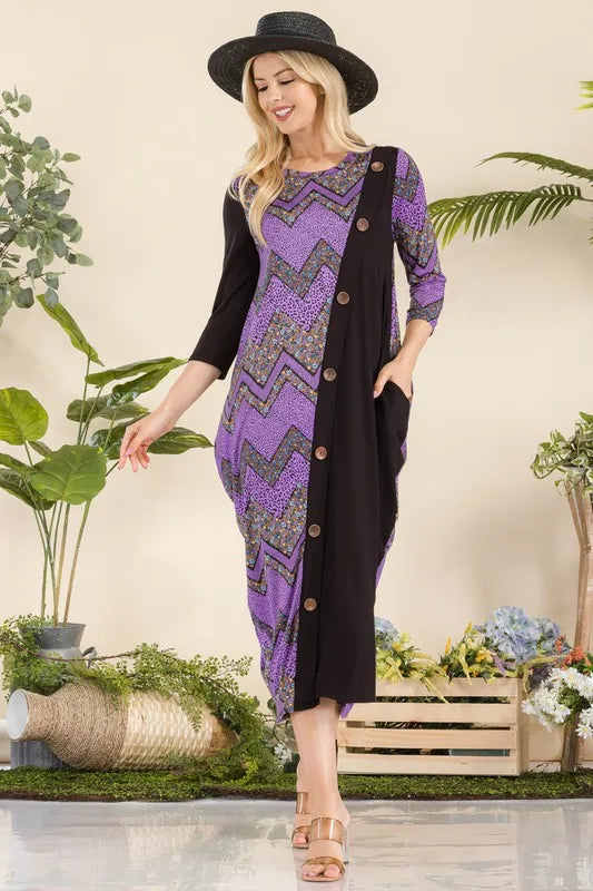Full Size Geo Print Paneled Dress with Buttons Plus Size
