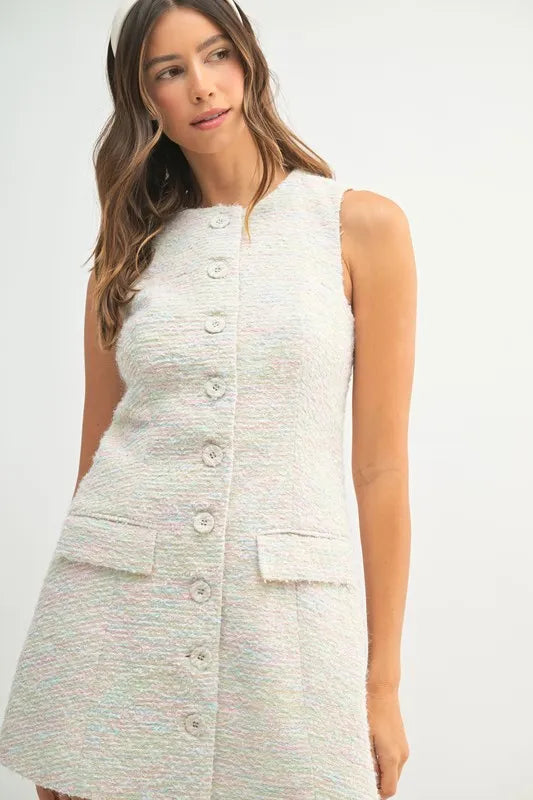 Tweed Sleeveless Button Down Mini Dress