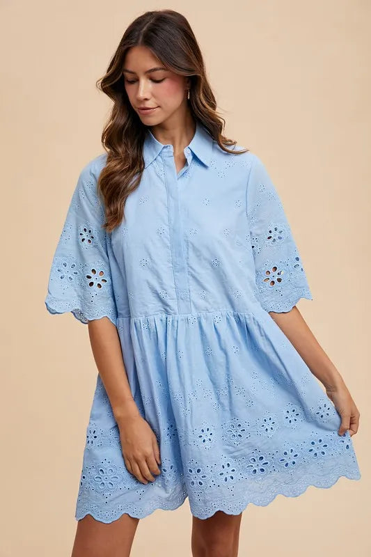 Embroidered Scallop Edge Detail Mini Shirt Dress