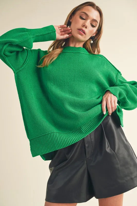 Ribbed Hem Side Slit Round Neck Sweater