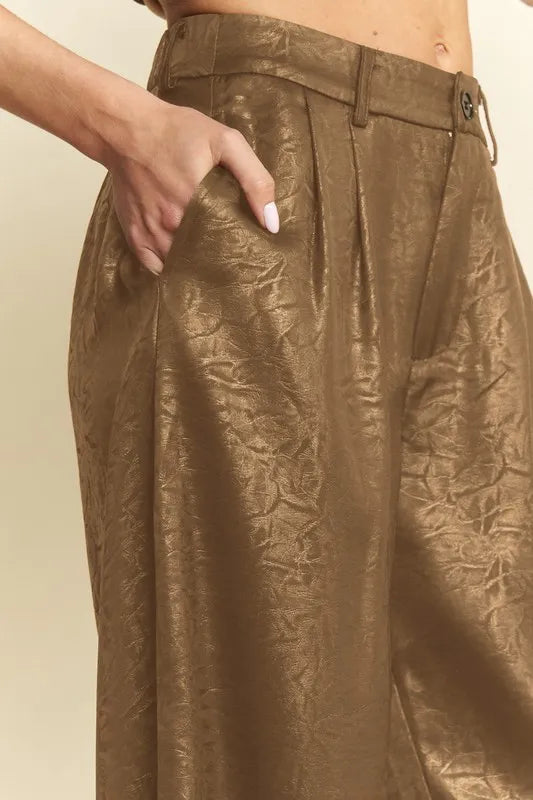 Crinkled Textured Wide Leg Pants