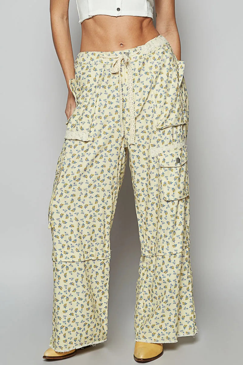 Wide-Leg Floral Cargo Pants with Lace Waist Tie