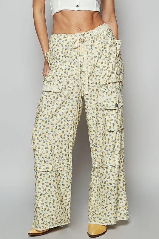 Wide-Leg Floral Cargo Pants with Lace Waist Tie