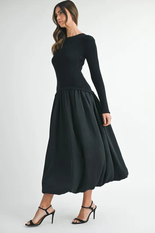 Ribbed Poplin Mix Midi Sweater Dress