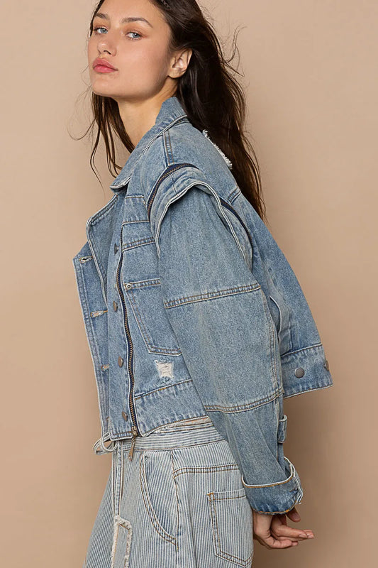 Oversized Cropped Jacket with Edgy Zipper Accents