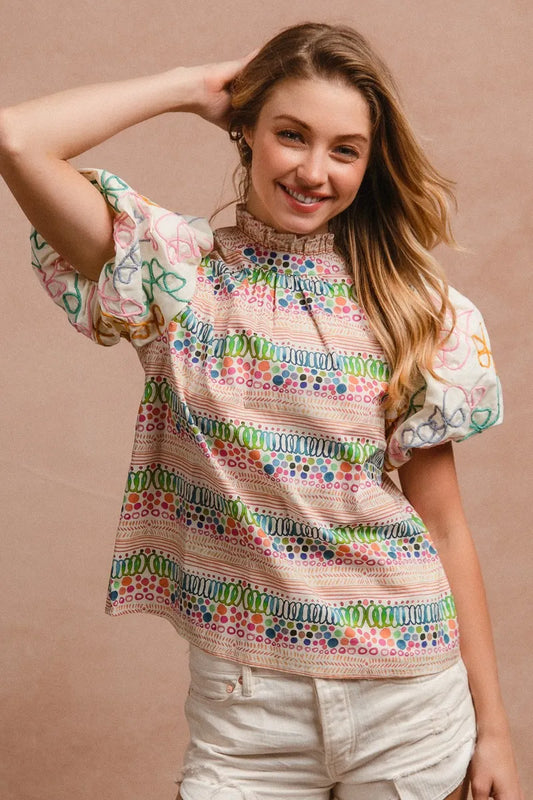 Ruffle Neckline Blouse With Embroidery Bubble Sleeve