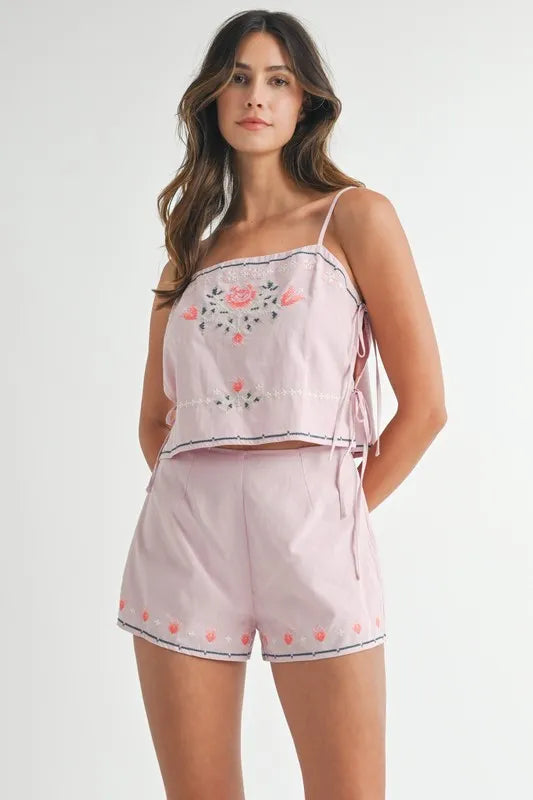 Embroidered Crop Top and Shorts Set