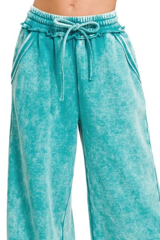 Acid Wash Fleece Palazzo Sweatpants with Pockets