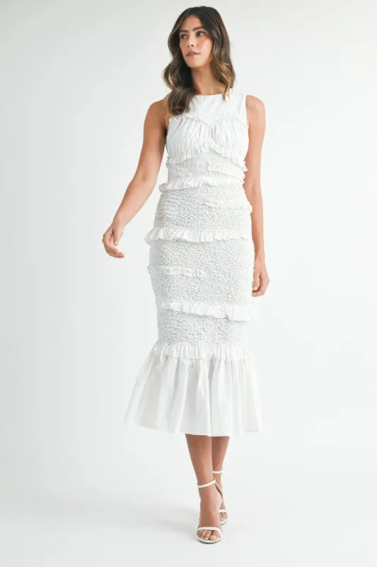 Ruffled Popcorn Smocked Mermaid Midi Dress
