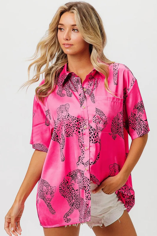 Leopard Print Short Sleeve Silky Satin Shirt Top