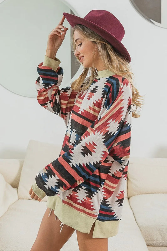Tribal Geometric Oversized Mock Neck Long Sleeve Shirt