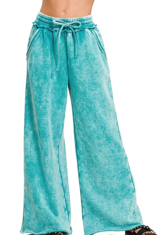 Acid Wash Fleece Palazzo Sweatpants with Pockets