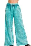 Acid Wash Fleece Palazzo Sweatpants with Pockets