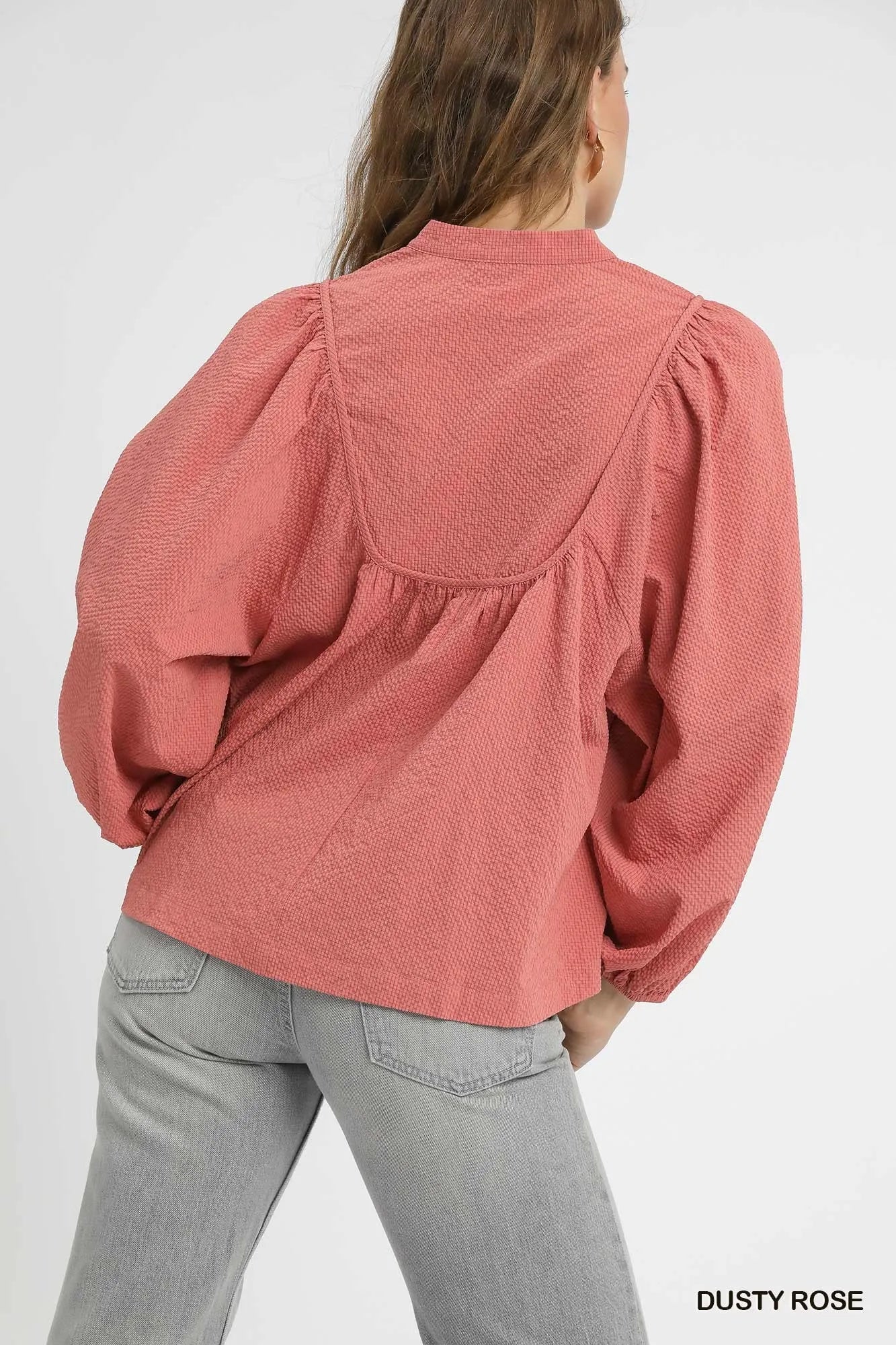 Notched Blouse with Puff Sleeves