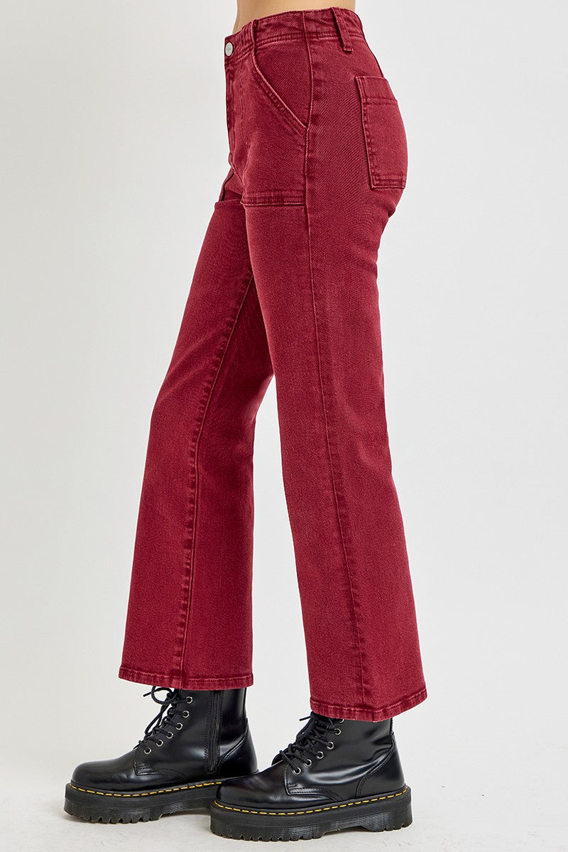 Full Size High Rise Straight Jeans with Patch Pockets - Wine