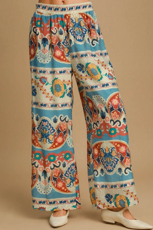 Full Size Wide Leg Border Print Pants Plus Size