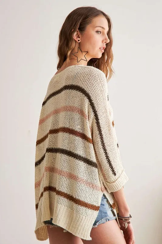 Full Size Multi Color Strip Sweater Plus Size
