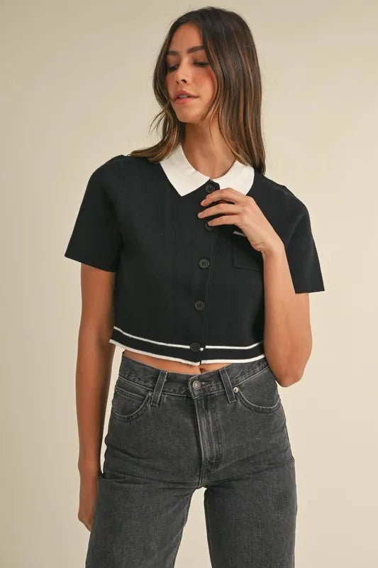 Button Down Contrast Collared Knit Cardigan