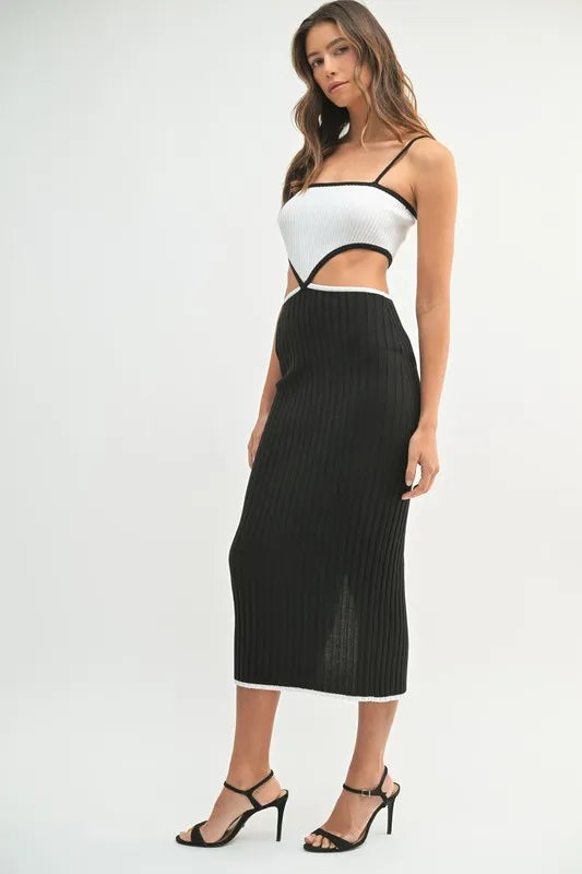 Ribbed Knit Color Block Cutout Midi Dress