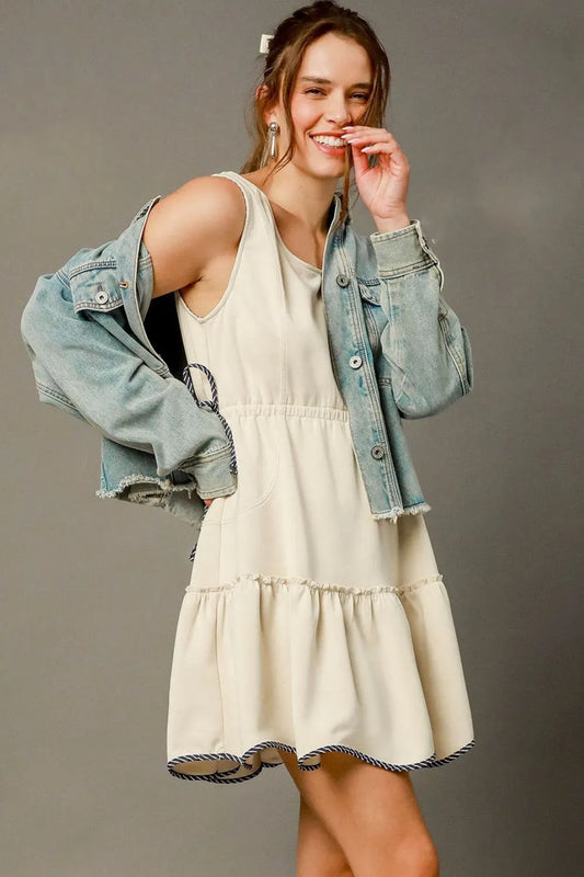 Ruffled V-Neck Sleeveless Mini Dress with Drawstring Waist