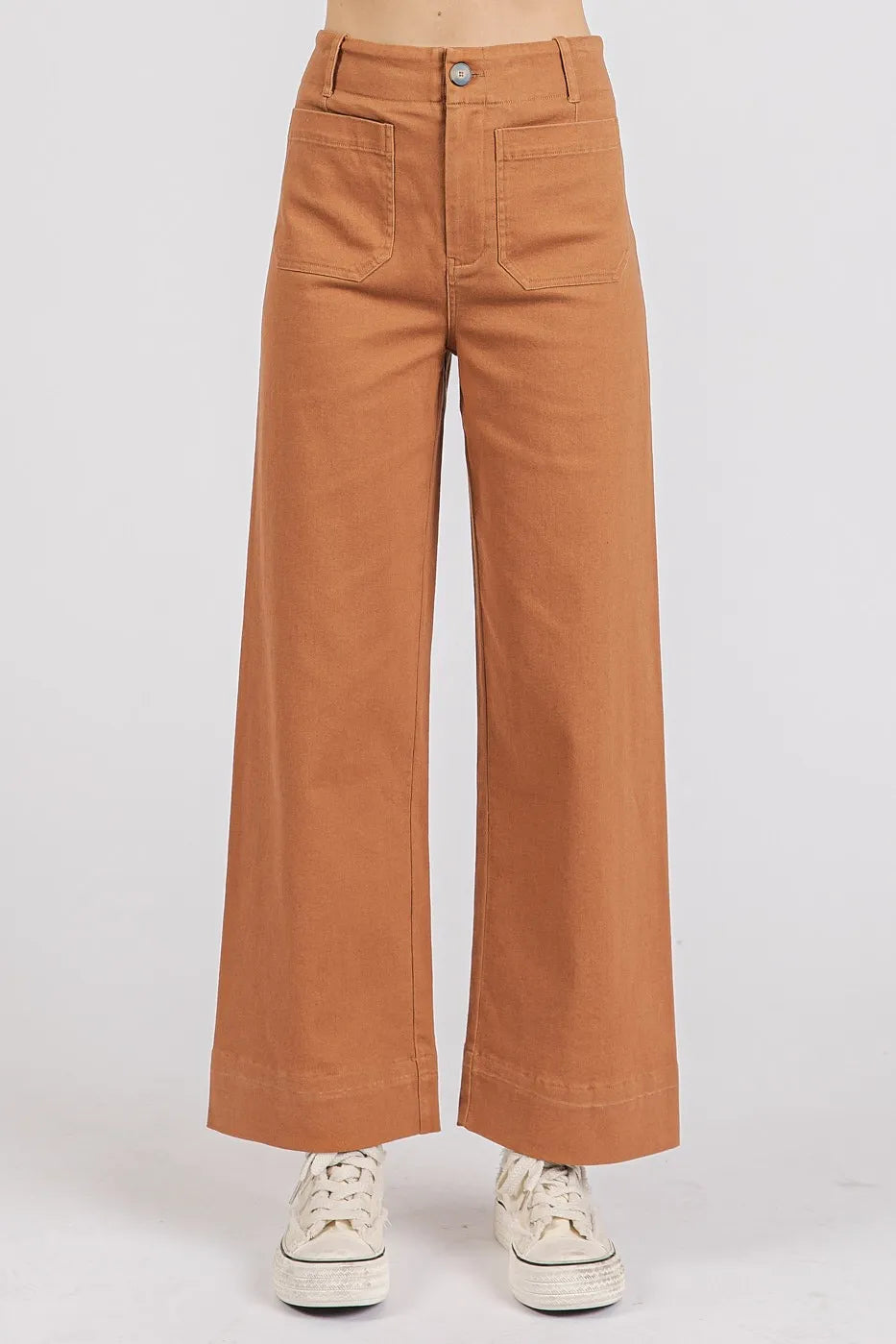 Twill Patch Pocket High Rise Wide Leg Pants