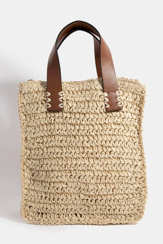 Faux Leather Handle Straw Braided Handbag