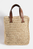 Faux Leather Handle Straw Braided Handbag