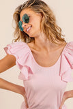 Ruffled Cap Sleeve Scoop Neck Ribbed Tee