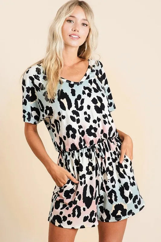 Gradation Leopard Soft Knit V-neck Romper