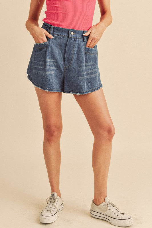 Frayed Hem Elastic Waist Denim Shorts
