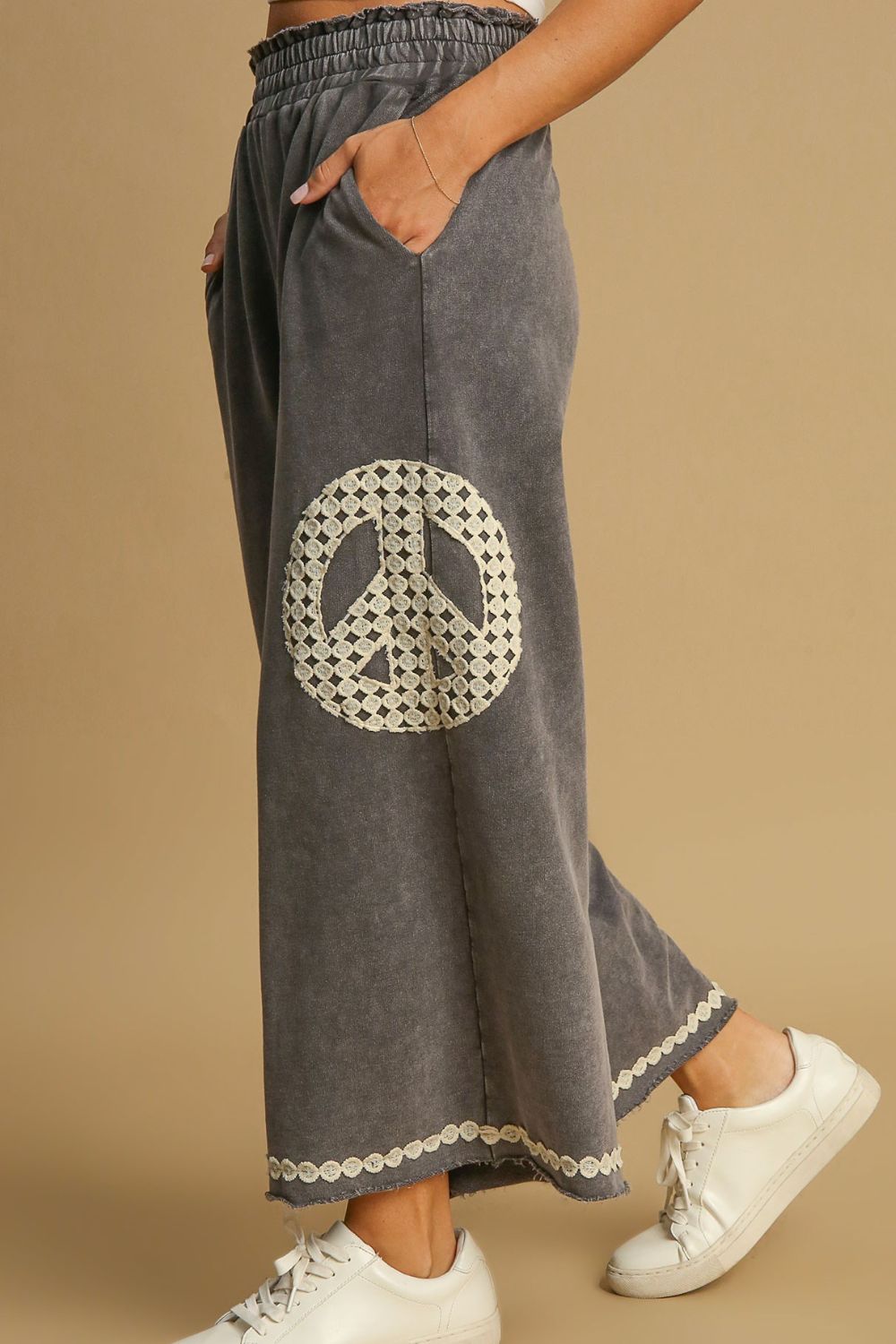 Full Size Peace Lace Applique Mineral Wash Wide Leg Pants Plus Size