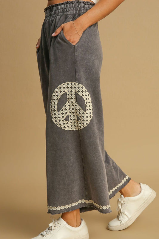 Full Size Peace Lace Applique Mineral Wash Wide Leg Pants Plus Size