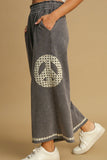 Full Size Peace Lace Applique Mineral Wash Wide Leg Pants Plus Size