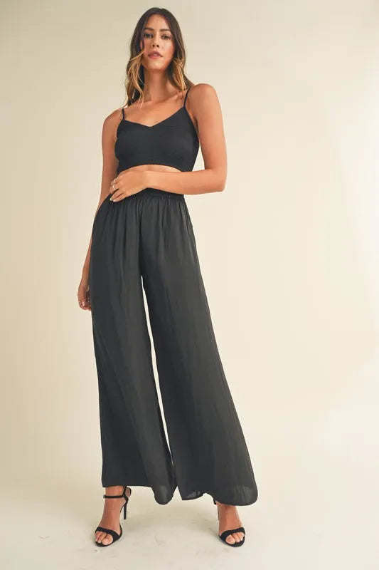 Smocked Bralette Crop Top and Wide Leg Pants Set